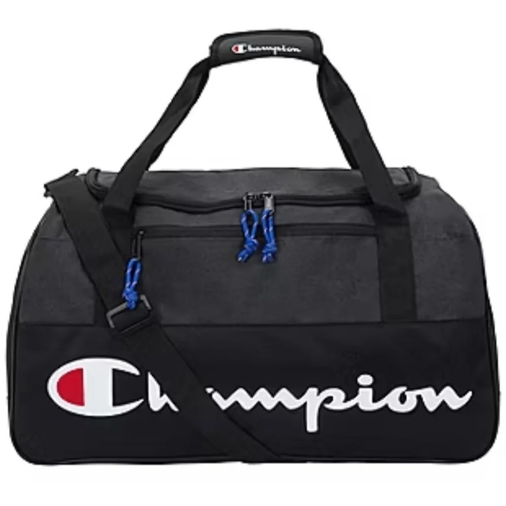 Champion Black Duffel Bag with Blue Zipper Accents